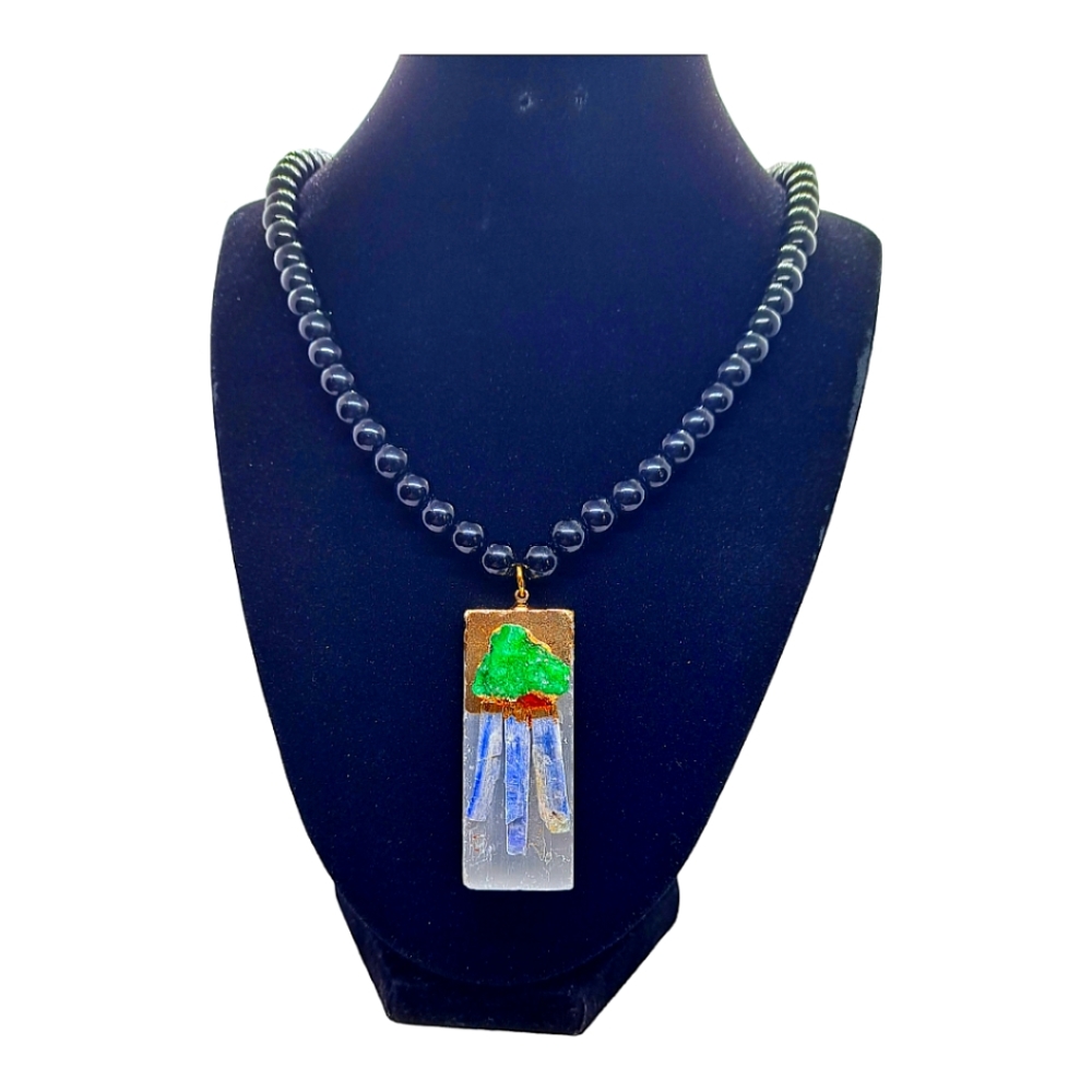Selenite&Blue kyanite beaded pendant necklace